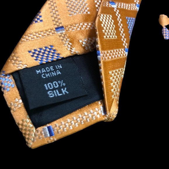 Michael by Michael Kors Orange Metallic Colored Silk Tie w/Blue &Cream Squares - Picture 5 of 6